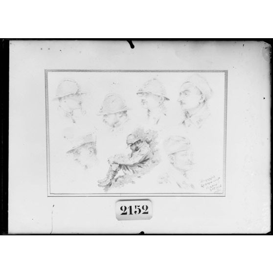 Paris, salon des Armées, croquis de poilus dans une tranchée de Verdun, par Renimel. [légende d’origine]