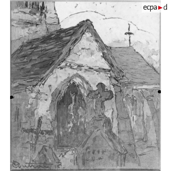 Paris, salon des Armées, Eglise de Thibié, aquarelle de Antral. [légende d’origine]