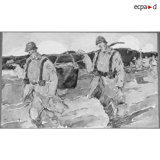 Paris, salon des Armées, La soupe, aquarelle de Antral. [légende d’origine]