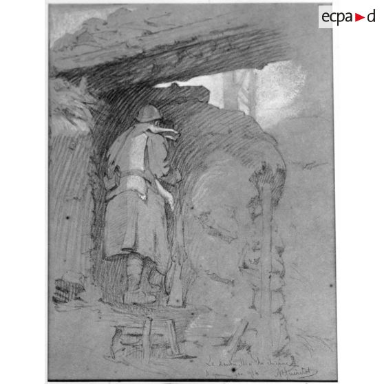 Paris, salon des Armées, La sentinelle à la chicane, dessin de Guéritot. [légende d’origine]