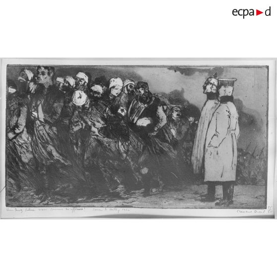 Paris, salon des Armées, « Vous devez saluer, nous sommes des officiers », eau forte de Denis. [légende d’origine]