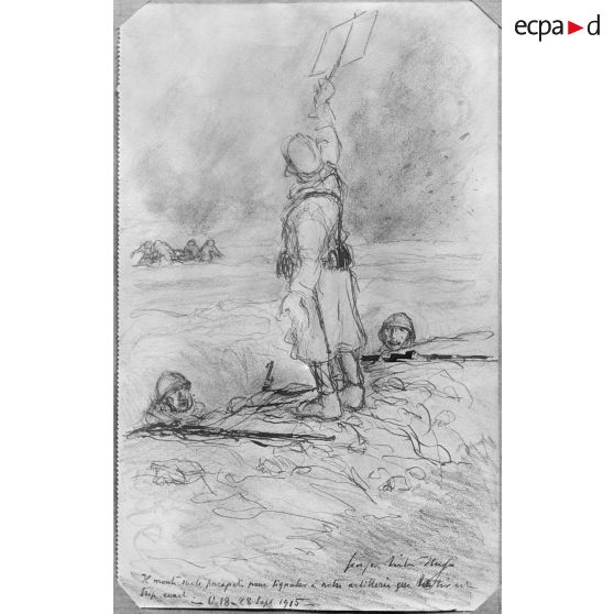 Paris, aux Arts décoratifs, croquis de guerre, de Georges Victor Hugo, Signaux à l’artillerie. [légende d’origine]