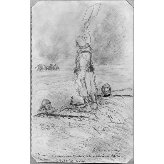 Paris, aux Arts décoratifs, croquis de guerre, de Georges Victor Hugo, Signaux à l’artillerie. [légende d’origine]