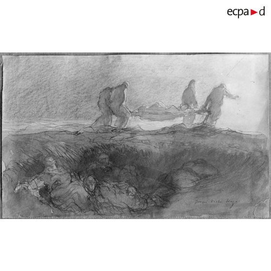 Paris, aux Arts décoratifs, croquis de guerre, de Georges Victor Hugo, Enlèvement de mon colonel blessé le soir de la bataille de Champagne. [légende d’origine]