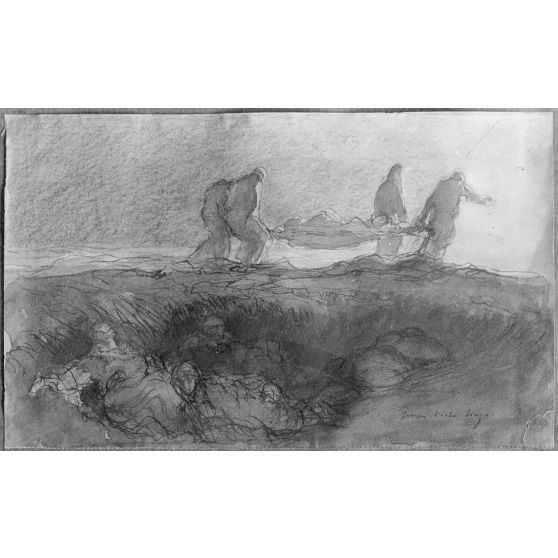 Paris, aux Arts décoratifs, croquis de guerre, de Georges Victor Hugo, Enlèvement de mon colonel blessé le soir de la bataille de Champagne. [légende d’origine]