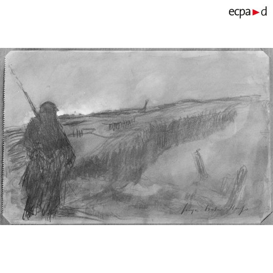 Paris, aux Arts décoratifs, croquis de guerre, de Georges Victor Hugo, Sentinelle la nuit. [légende d’origine]