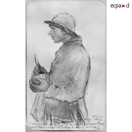 Paris, aux Arts décoratifs, croquis de guerre, de Georges Victor Hugo, Un chasseur rescapé de l’explosion du 14 février. [légende d’origine]