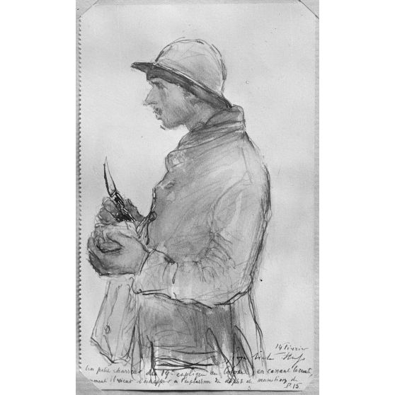 Paris, aux Arts décoratifs, croquis de guerre, de Georges Victor Hugo, Un chasseur rescapé de l’explosion du 14 février. [légende d’origine]