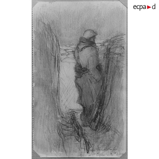 Paris, aux Arts décoratifs, croquis de guerre, de Georges Victor Hugo, En 1ère ligne, à 20 m. des boches. [légende d’origine]