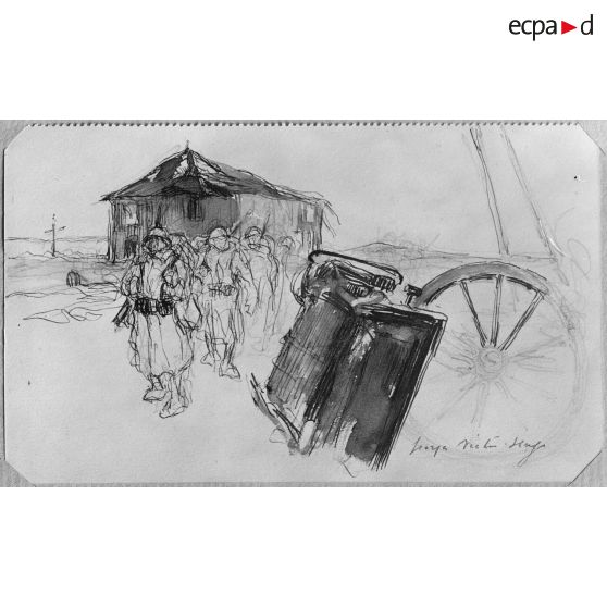 Paris, aux Arts décoratifs, croquis de guerre, de Georges Victor Hugo, Voiture brisée sur la route. [légende d’origine]