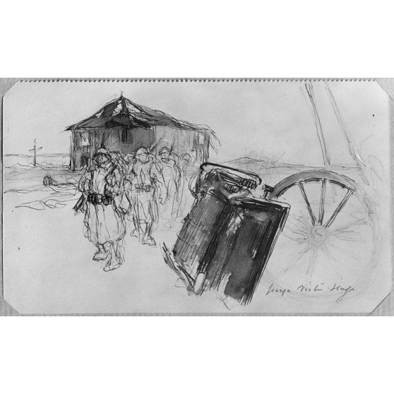 Paris, aux Arts décoratifs, croquis de guerre, de Georges Victor Hugo, Voiture brisée sur la route. [légende d’origine]