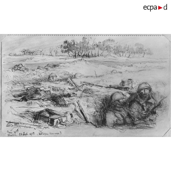 Paris, aux Arts décoratifs, croquis de guerre, de Georges Victor Hugo, Matin du 29 septembre devant Navarin. [légende d’origine]