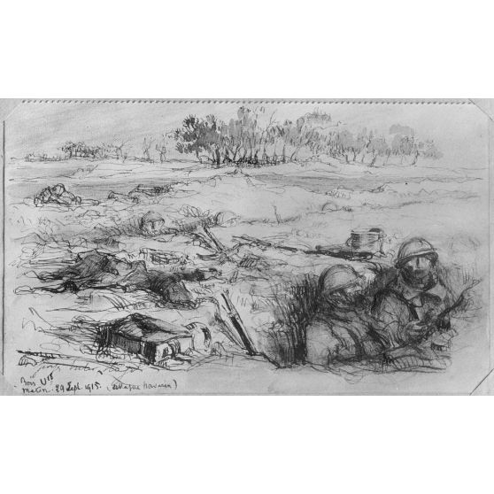 Paris, aux Arts décoratifs, croquis de guerre, de Georges Victor Hugo, Matin du 29 septembre devant Navarin. [légende d’origine]