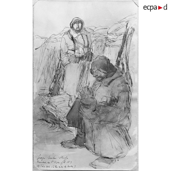 Paris, aux Arts décoratifs, croquis de guerre, de Georges Victor Hugo, Tranchée de 1ère ligne en Champagne. [légende d’origine]