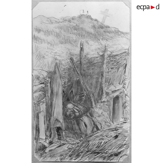 Paris, aux Arts décoratifs, croquis de guerre, de Georges Victor Hugo, Le barda dans une tranchée. [légende d’origine]