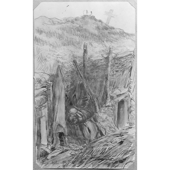 Paris, aux Arts décoratifs, croquis de guerre, de Georges Victor Hugo, Le barda dans une tranchée. [légende d’origine]