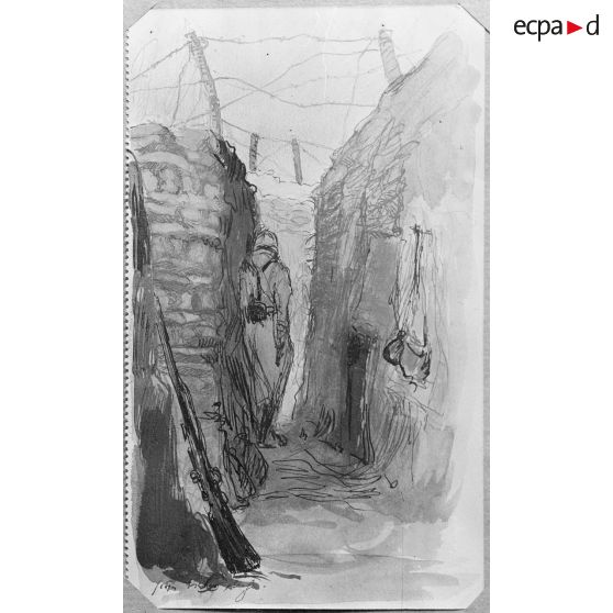 Paris, aux Arts décoratifs, croquis de guerre, de Georges Victor Hugo, Un coin d’une tranchée de soutien. [légende d’origine]