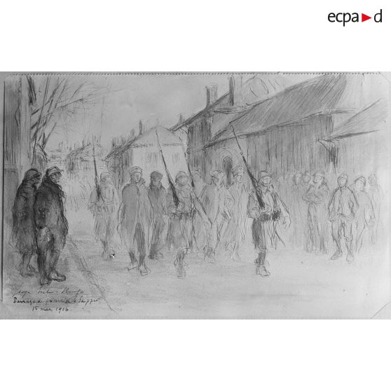 Paris, aux Arts décoratifs, croquis de guerre, de Georges Victor Hugo, Passage de prisonniers à Suippes. [légende d’origine]