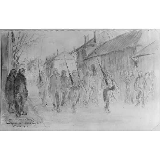 Paris, aux Arts décoratifs, croquis de guerre, de Georges Victor Hugo, Passage de prisonniers à Suippes. [légende d’origine]