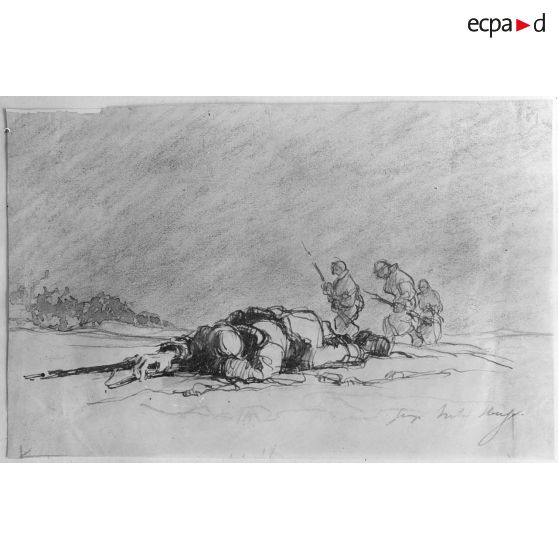 Paris, aux Arts décoratifs, croquis de guerre, de Georges Victor Hugo, Un mort sur le champ de bataille. [légende d’origine]