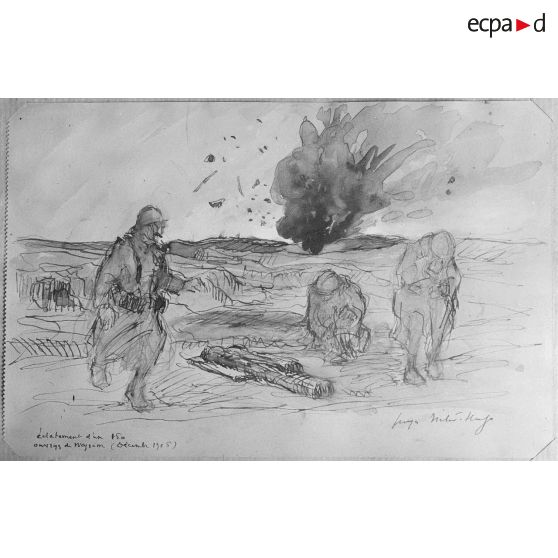 Paris, aux Arts décoratifs, croquis de guerre, de Georges Victor Hugo, Eclatement d’un 105. [légende d’origine]