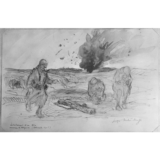 Paris, aux Arts décoratifs, croquis de guerre, de Georges Victor Hugo, Eclatement d’un 105. [légende d’origine]