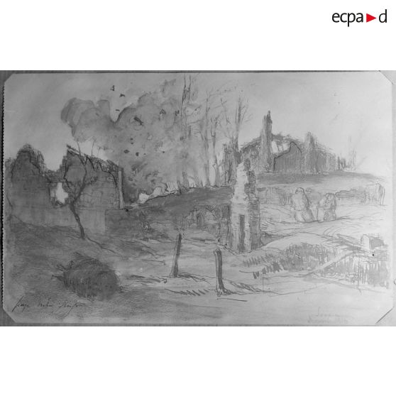 Paris, aux Arts décoratifs, croquis de guerre, de Georges Victor Hugo, Souain. [légende d’origine]