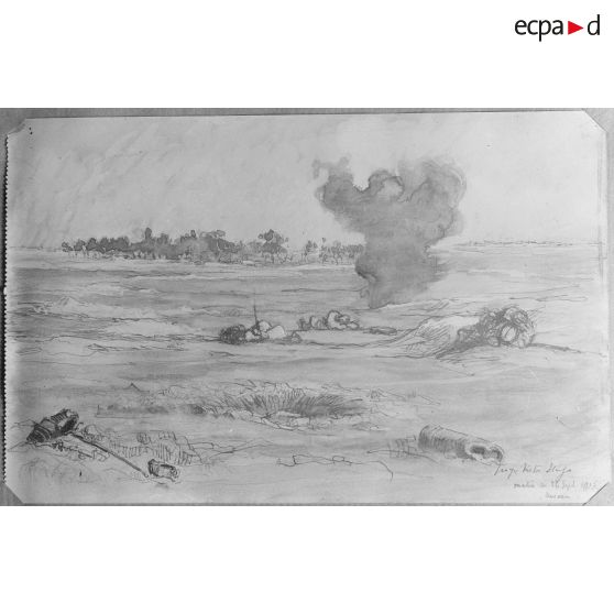 Paris, aux Arts décoratifs, croquis de guerre, de Georges Victor Hugo, Matin du 26 septembre devant Navarin. [légende d’origine]