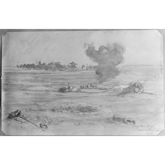 Paris, aux Arts décoratifs, croquis de guerre, de Georges Victor Hugo, Matin du 26 septembre devant Navarin. [légende d’origine]