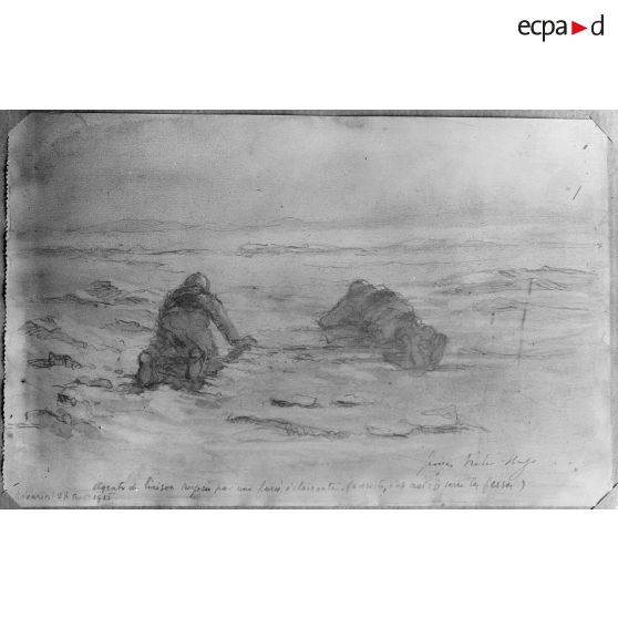 Paris, aux Arts décoratifs, croquis de guerre, de Georges Victor Hugo, Agent de liaison surpris par une fusée. [légende d’origine]