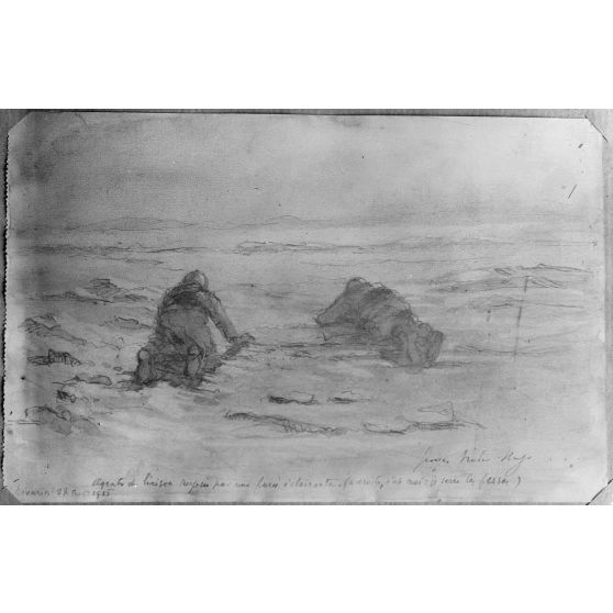 Paris, aux Arts décoratifs, croquis de guerre, de Georges Victor Hugo, Agent de liaison surpris par une fusée. [légende d’origine]