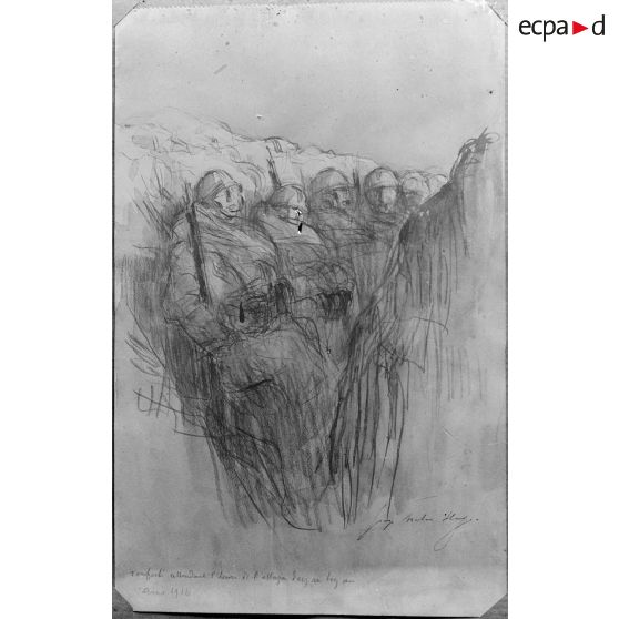 Paris, aux Arts décoratifs, croquis de guerre, de Georges Victor Hugo, Renfort attendant l’attaque. [légende d’origine]