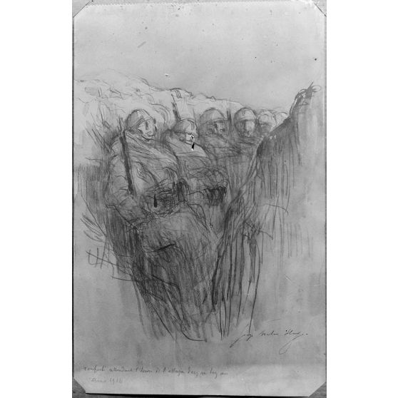 Paris, aux Arts décoratifs, croquis de guerre, de Georges Victor Hugo, Renfort attendant l’attaque. [légende d’origine]