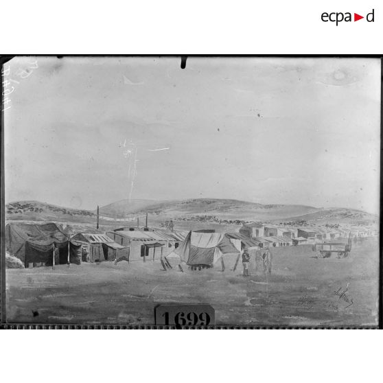 Paris, salon des Armées, Notre campement, aquarelle de Marsault. [légende d’origine]