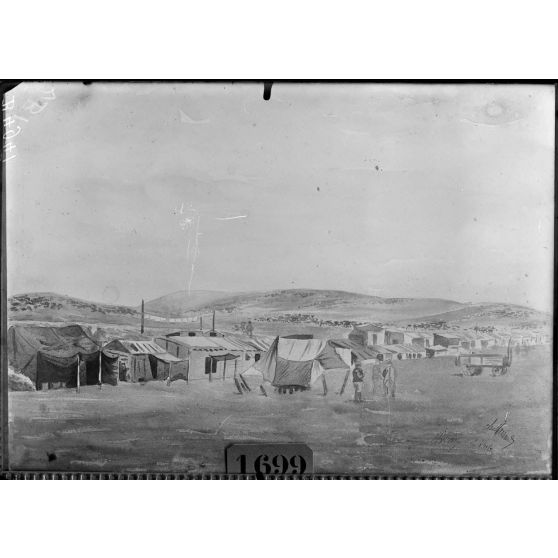 Paris, salon des Armées, Notre campement, aquarelle de Marsault. [légende d’origine]