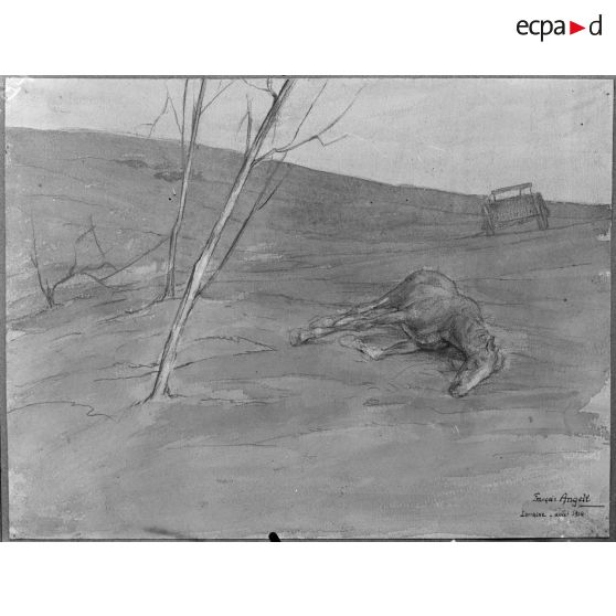Paris, salon des Armées, Cheval mort, aquarelle de Angeli. [légende d’origine]