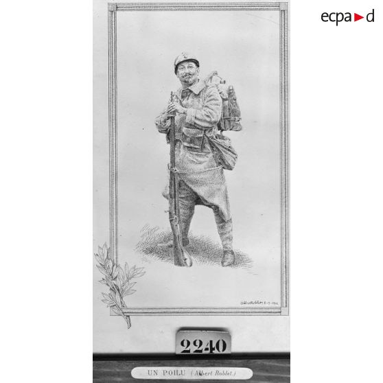 Paris, salon des Armées, Un poilu, dessin à la plume de Roblet. [légende d’origine]