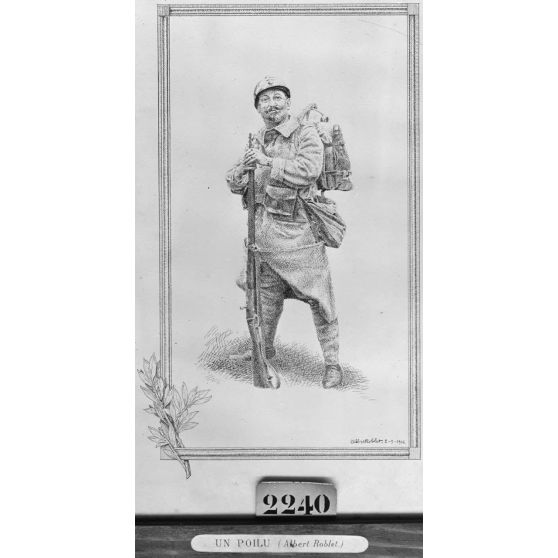Paris, salon des Armées, Un poilu, dessin à la plume de Roblet. [légende d’origine]