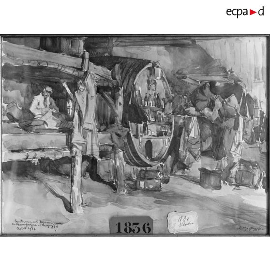 Paris, salon des Armées, Cantonnement dans une cave en Champagne, de Montagne. [légende d’origine]
