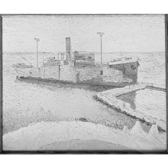 Paris, galerie Druet. Exposition d'oeuvres de Henry Valensi, artiste attaché au QG du corps expéditionnaire des Dardannelles. Le River Clyde échoué à Seddul Bahr. [légende d’origine]