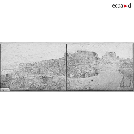 Paris, galerie Druet. Exposition d'oeuvres de Henry Valensi, artiste attaché au QG du corps expéditionnaire des Dardannelles. Front de mer du château fort de Seddul Bahr, soleil levant. [légende d’origine]