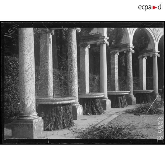 Versailles. Protection des oeuvres d'art dans les jardins du Palais de versailles. La Colonnade. Protection des coupes par des fascines. [légende d'origine]