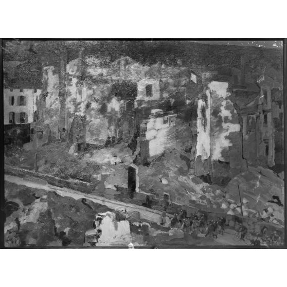 Paris. Musée du Luxembourg. Exposition des peintres en mission aux armées. La rue Mazel à Verdun par André Derambez. [légende d'origine]