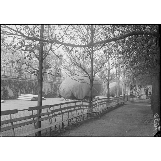 Paris, protection contre avions, ballonnets (saucisses) au jardin des Tuileries. [légende d'origine]
