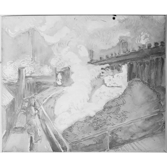 Paris. Dessin de Bracquemont, du Creusot. Défournement d'une cornue à coke. [légende d'origine]