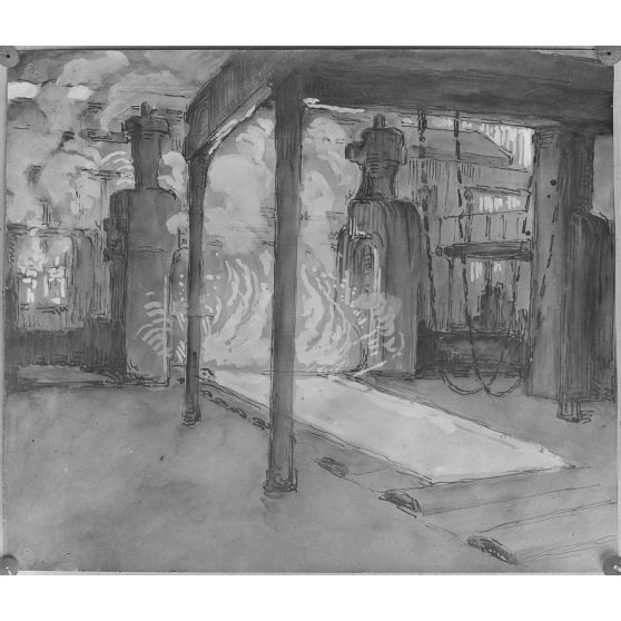 Paris. Dessin de Bracquemont, du Creusot. Le grand laminoir pour plaques de blindage. [légende d'origine]