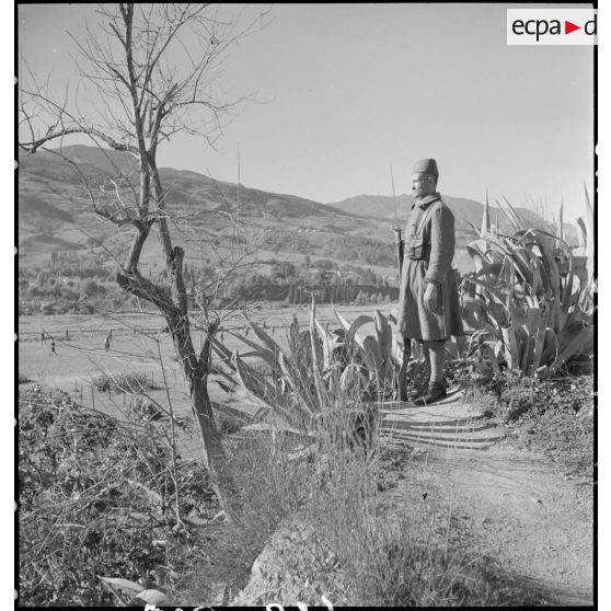 Plan général du terrain d'instruction du 1er RTA avec au premier plan une sentinelle.