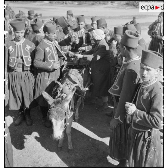 Photographie de groupe de tirailleurs du 1er RTA en tenue de sortie modèle oriental.