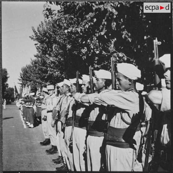 Saint Arnaud. Anniversaire de la création du 3e régiment des tirailleurs (RT). Tirailleurs au "Présentez armes".