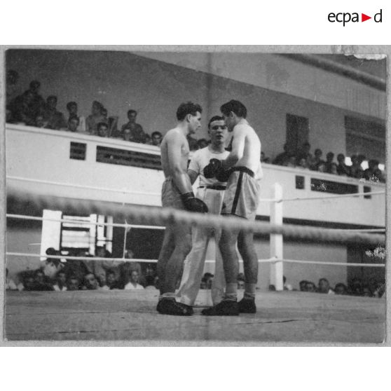 Lors d'un gala de boxe, deux boxeurs se font face juste avant le combat.